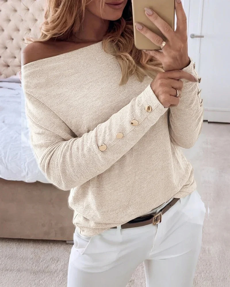 Damen Elegantes Oberteil mit Schulterfreiem Design und Knopfdetails Drune