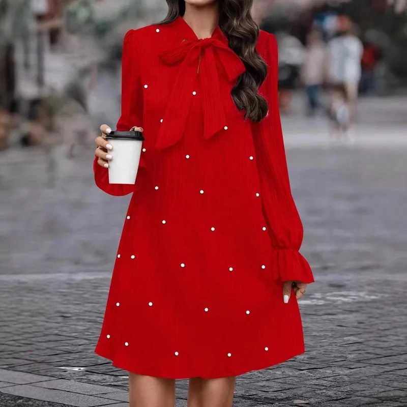 Damen Elegantes Minikleid mit Schleifenkragen und Rüschen Drune