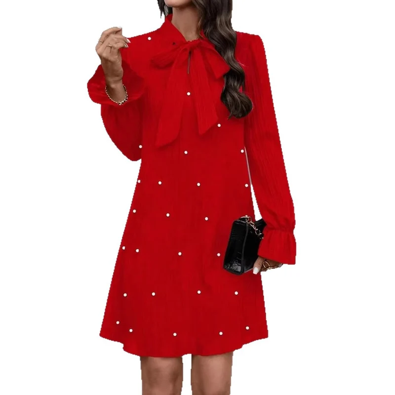 Damen Elegantes Minikleid mit Schleifenkragen und Rüschen Drune