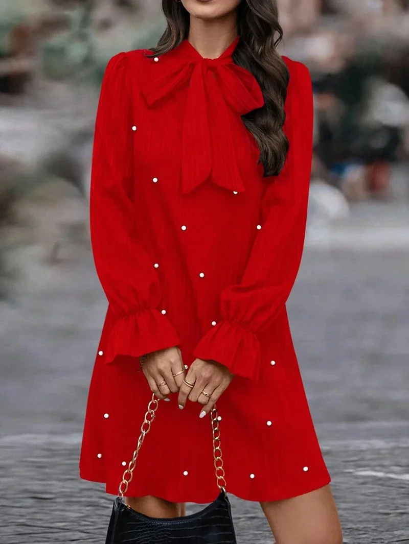 Damen Elegantes Minikleid mit Schleifenkragen und Rüschen Drune