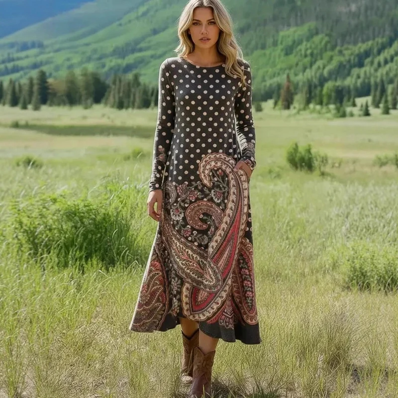 Damen Elegantes Maxikleid mit Punkten und Paisleymuster Drune