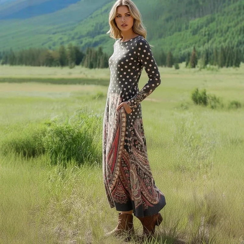 Damen Elegantes Maxikleid mit Punkten und Paisleymuster Drune