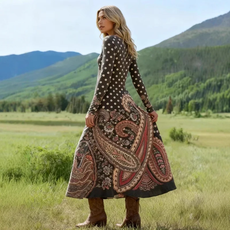 Damen Elegantes Maxikleid mit Punkten und Paisleymuster Drune