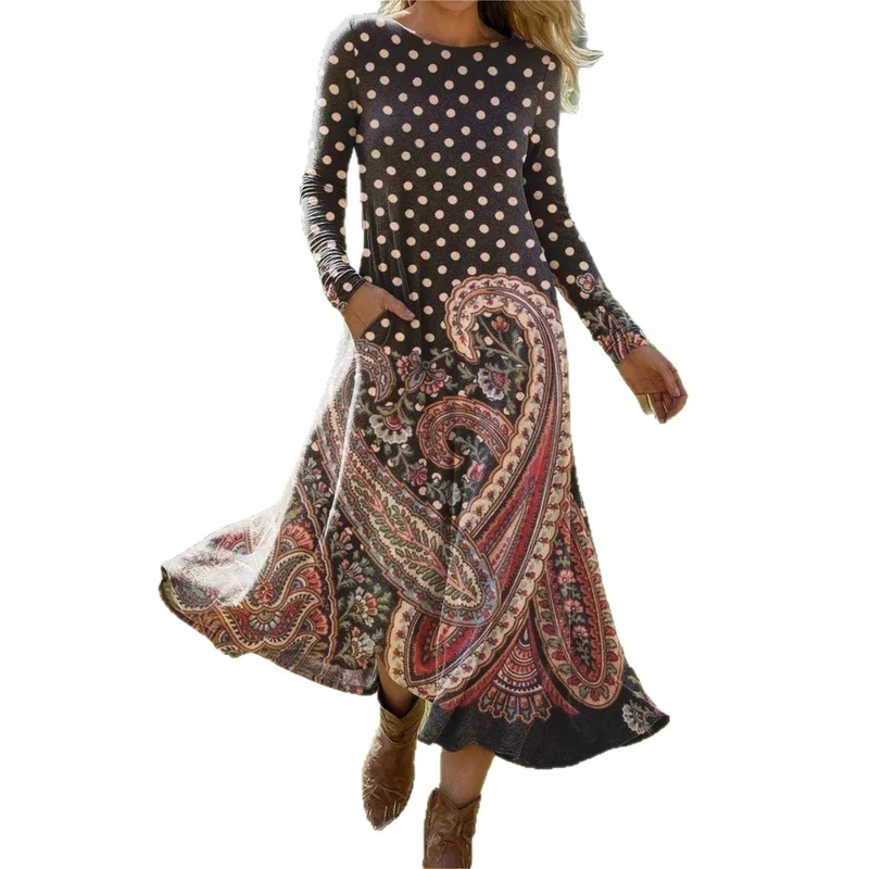 Damen Elegantes Maxikleid mit Punkten und Paisleymuster Drune