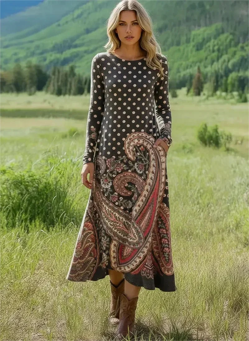 Damen Elegantes Maxikleid mit Punkten und Paisleymuster Drune