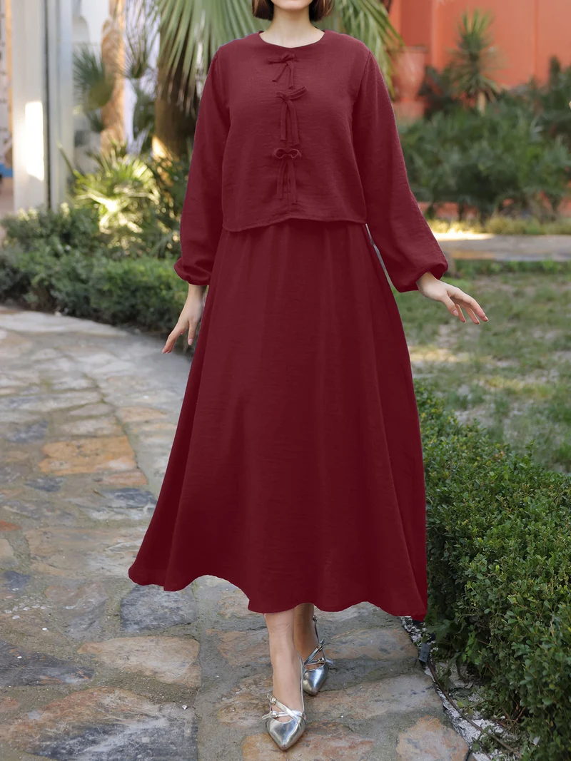 Damen Elegantes Langarmkleid mit Schößchen Drune