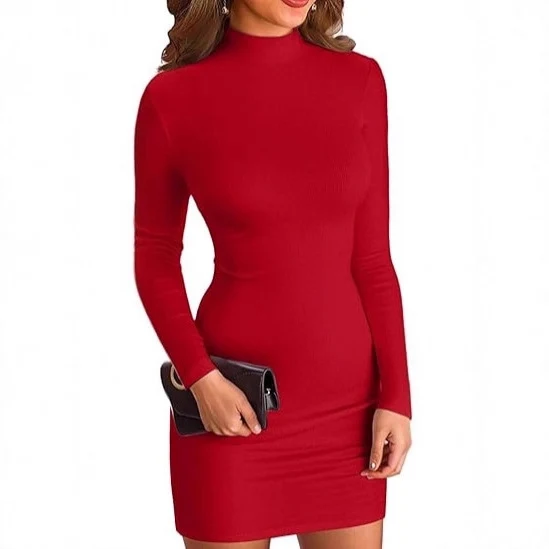 Damen Elegantes Langarmkleid mit hohem Kragen Drune