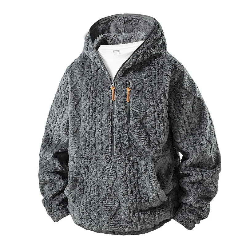 Herren Teddy-Fleece Halfzip-Kapuzenpullover mit Strukturstrick‑Optik, Brustreißverschluss und Kängurutasche Drune