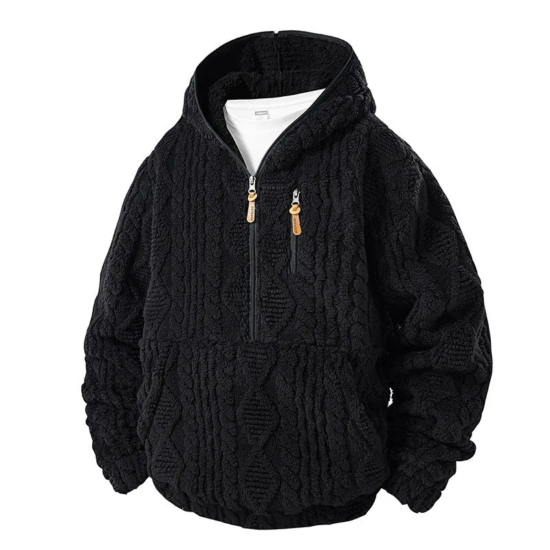 Herren Teddy-Fleece Halfzip-Kapuzenpullover mit Strukturstrick‑Optik, Brustreißverschluss und Kängurutasche Drune