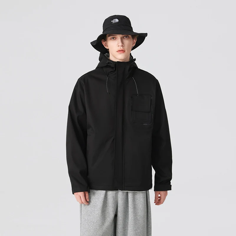 Herren Technische Funktionsjacke mit Kapuze, wasserabweisendem Softshell und Brustklappen-Tasche Drune
